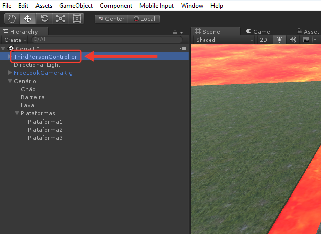 Hierarquia com o ThirdPersonController selecionado e o grupo Plataformas aberto com Plataforma1, 2 e 3. Uma seta vermelha aponta para o ThirdPersonController