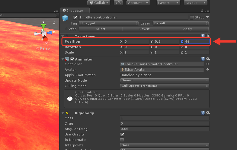 Inspector do ThirdPersonController com Position X 0, Y 0.5, Z 44. Uma seta vermelha aponta para a linha Position