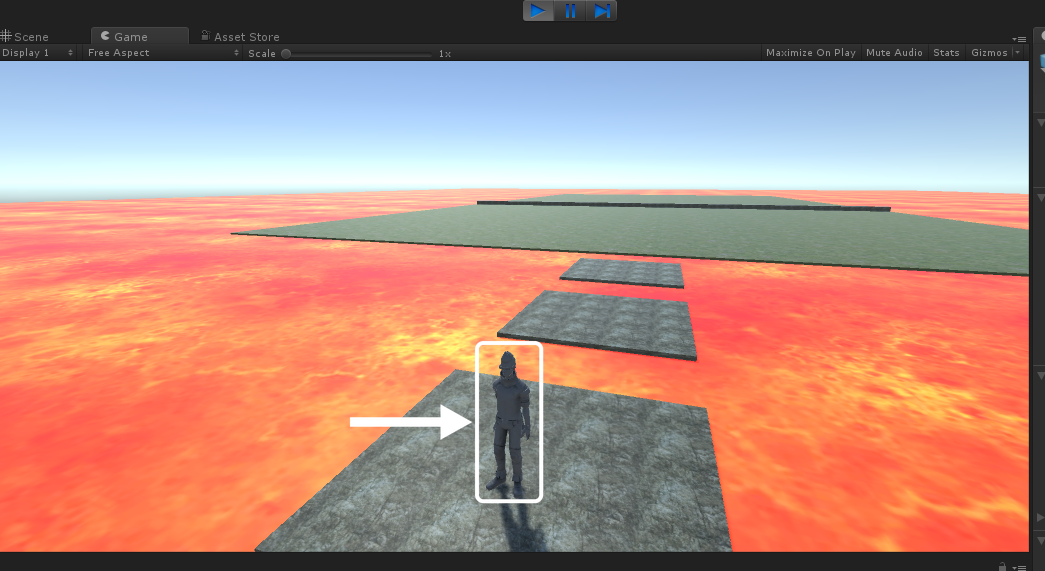 Aba Game em modo Play com o personagem em cima da primeira plataforma de pedra, com mais duas plataformas à frente sobre a lava. Uma moldura e uma seta brancas destacam o personagem