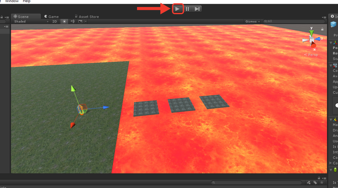 Unity parada, com o botão Play sem destaque azul e a Scene mostrando o chão e as três plataformas. Uma seta vermelha aponta para o botão Play