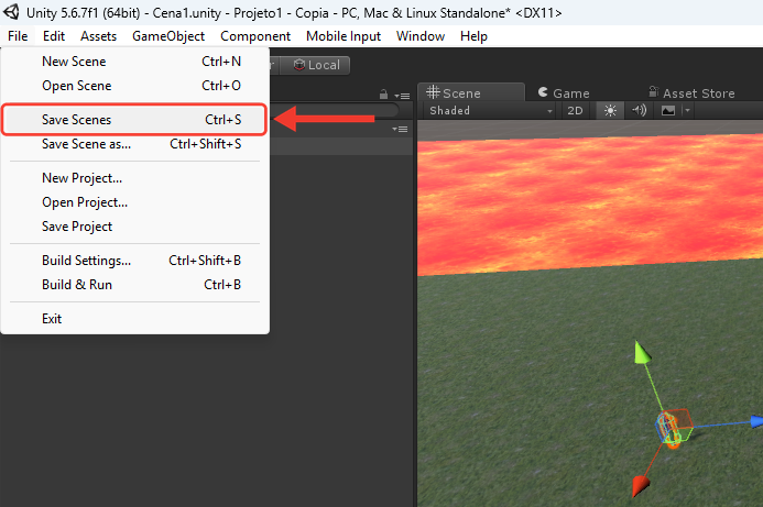 Menu File da Unity aberto, com a opção Save Scenes e o atalho Ctrl+S. Uma seta vermelha aponta para Save Scenes