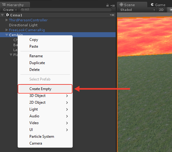 Menu aberto ao clicar com o botão direito em Cenário, com as opções Copy, Paste, Rename, Duplicate, Delete, Create Empty e outras. Uma seta vermelha aponta para Create Empty