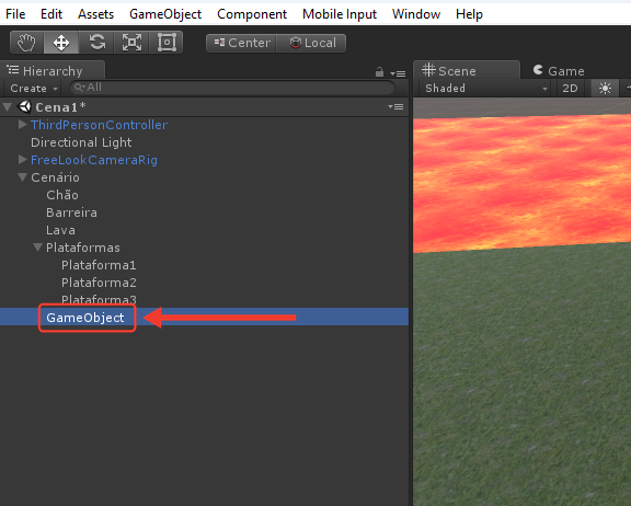 Hierarquia com um GameObject novo selecionado no fim da lista de Cenário, depois do grupo Plataformas. Uma seta vermelha aponta para o GameObject