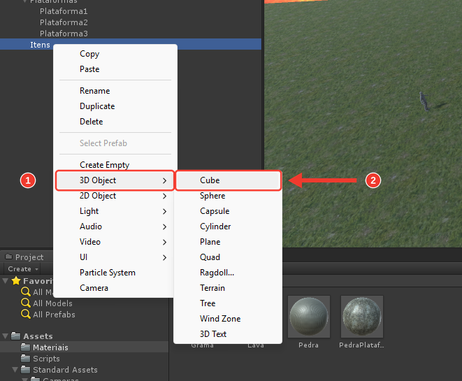 Menu aberto ao clicar com o botão direito em Itens, com o submenu 3D Object mostrando Cube, Sphere, Capsule e outras formas. Marcações vermelhas numeradas destacam 3D Object (1) e Cube (2)