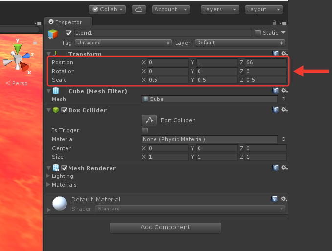 Inspector do Item1 com Transform: Position X 0, Y 1, Z 66; Rotation 0, 0, 0; Scale 0.5, 0.5, 0.5. Uma seta vermelha aponta para o conjunto de linhas do Transform