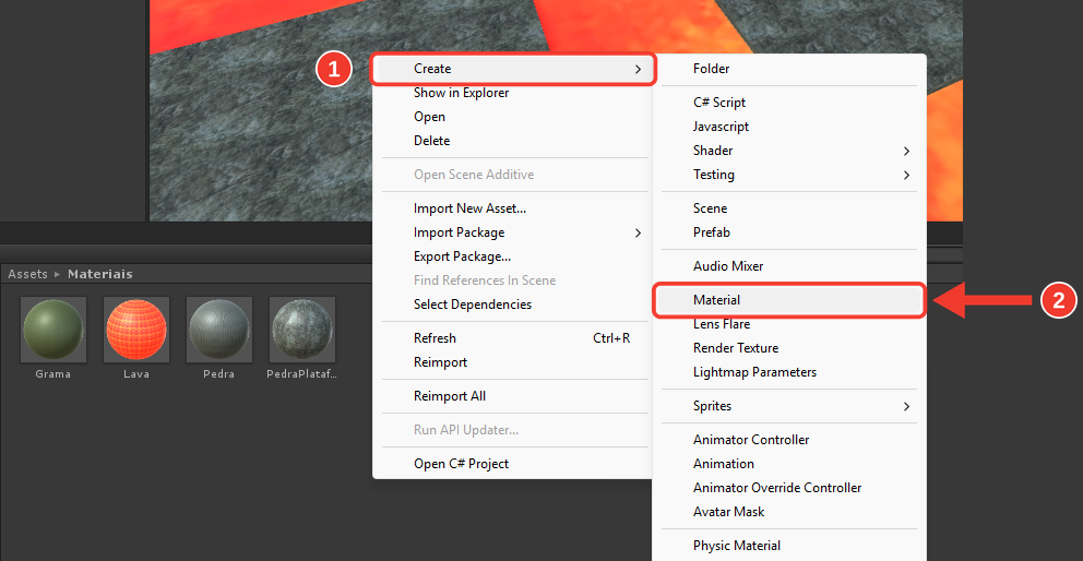 Menu aberto ao clicar com o botão direito na pasta Materiais, com o submenu Create mostrando Folder, C# Script, Material e outras opções. Marcações vermelhas numeradas destacam Create (1) e Material (2)