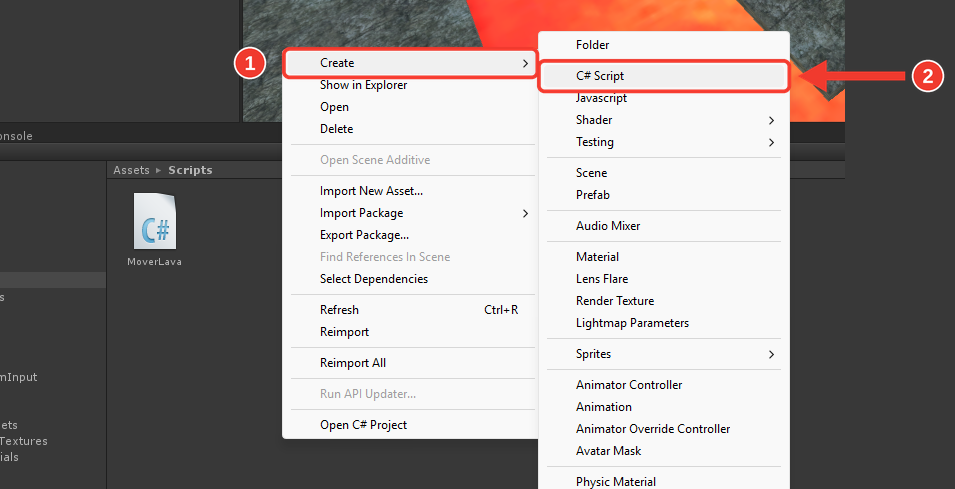 Menu aberto na pasta Scripts, com o submenu Create mostrando Folder, C# Script, Javascript e outras opções. Marcações vermelhas numeradas destacam Create (1) e C# Script (2)