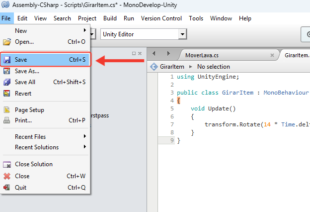 Menu File do MonoDevelop aberto com a opção Save e o atalho Ctrl+S. Uma seta vermelha aponta para Save