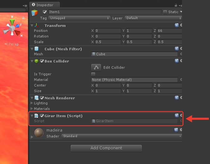 Inspector do Item1 com o componente Girar Item (Script) e o material madeira. Uma seta vermelha aponta para o componente Girar Item