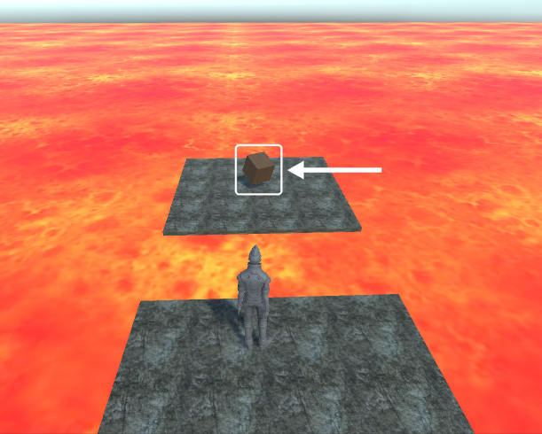Aba Game em modo Play com o personagem em uma plataforma e o cubo de madeira girando em cima da plataforma da frente. Uma moldura e uma seta brancas destacam o cubo