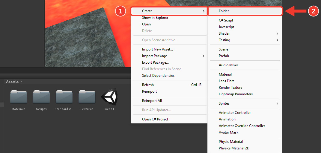 Menu aberto na pasta Assets, com o submenu Create mostrando Folder, C# Script e outras opções. Marcações vermelhas numeradas destacam Create (1) e Folder (2)