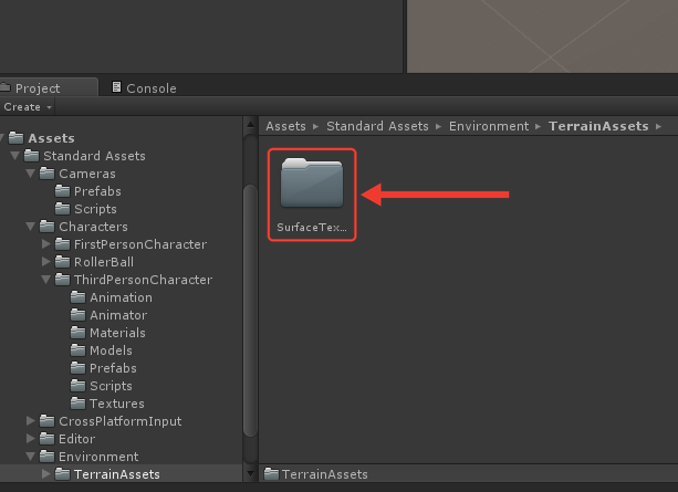 Painel Project com o conteúdo da pasta TerrainAssets: apenas a pasta SurfaceTextures, destacada por uma seta e uma moldura vermelha