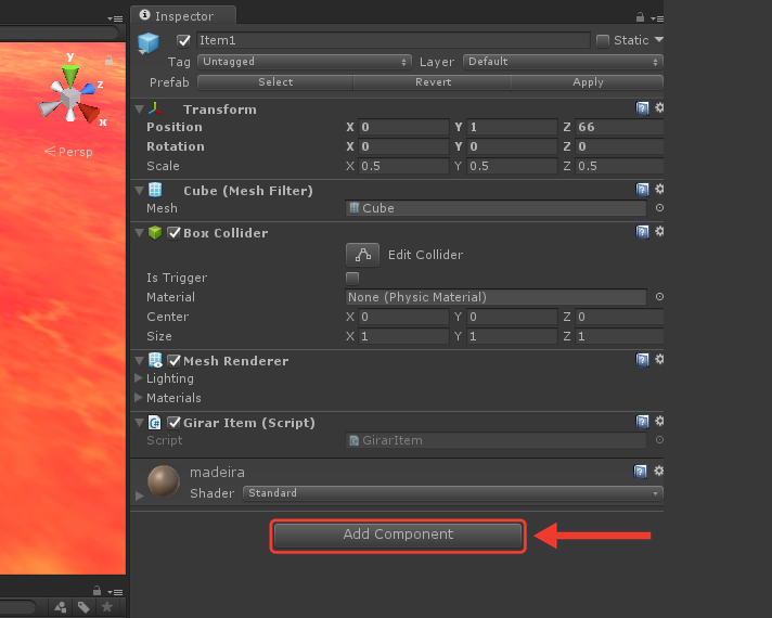 Inspector do Item1 com os componentes Transform, Box Collider, Mesh Renderer e Girar Item, e o botão Add Component no fim. Uma seta vermelha aponta para o botão Add Component
