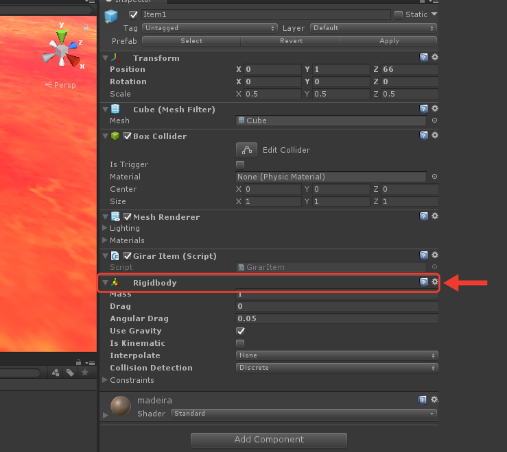 Inspector do Item1 com o novo componente Rigidbody, com Mass 1, Drag 0, Use Gravity marcado e Is Kinematic desmarcado. Uma seta vermelha aponta para o cabeçalho do Rigidbody