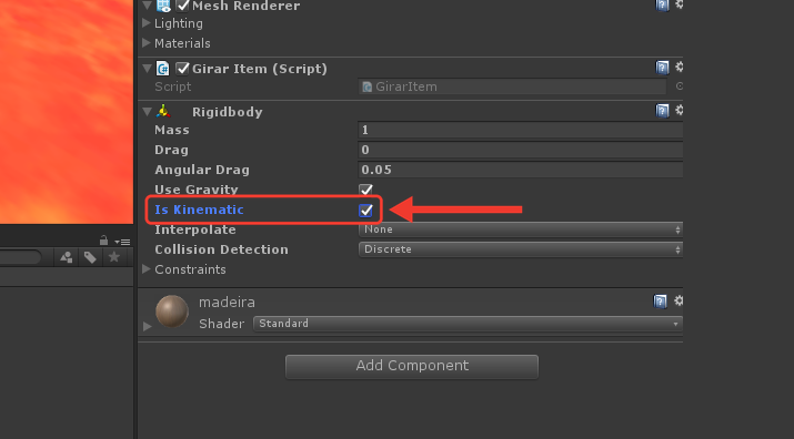 Componente Rigidbody com a caixinha Is Kinematic marcada. Uma seta vermelha aponta para Is Kinematic