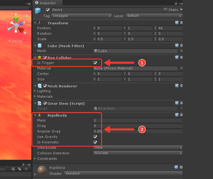 Inspector do Prefab Item1 com Box Collider com Is Trigger marcado e Rigidbody com Is Kinematic marcado. Marcações vermelhas numeradas destacam Is Trigger (1) e o Rigidbody (2)