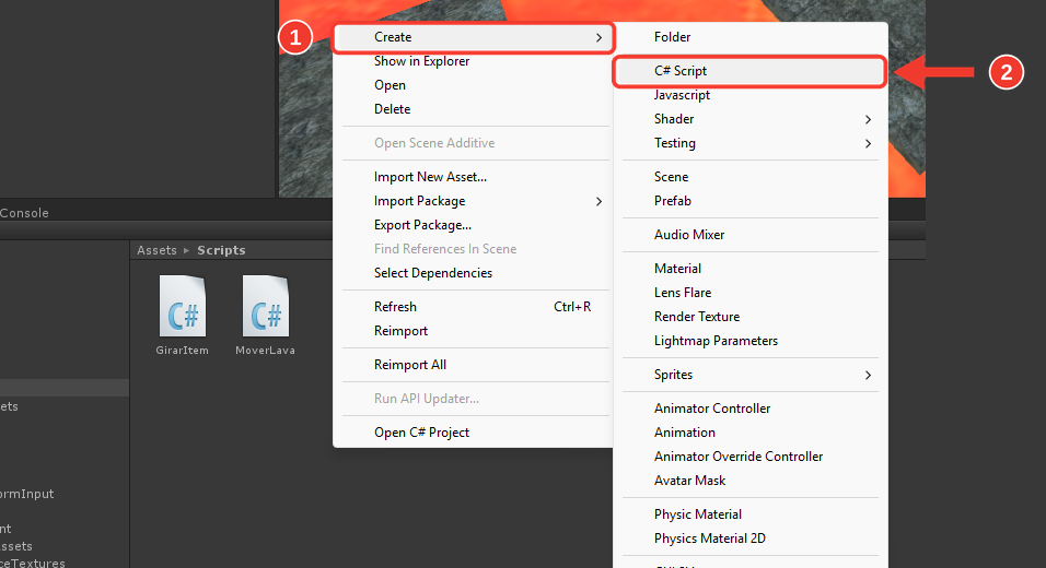 Menu aberto na pasta Scripts, com o submenu Create mostrando Folder, C# Script e outras opções. Marcações vermelhas numeradas destacam Create (1) e C# Script (2)