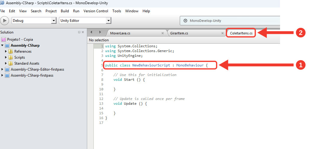 MonoDevelop com o arquivo ColetarItens.cs aberto, mostrando o código inicial cuja classe se chama NewBehaviourScript. Marcações vermelhas numeradas destacam a linha da classe (1) e a aba ColetarItens.cs (2)