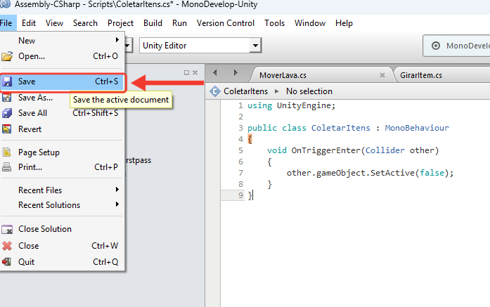 Menu File do MonoDevelop aberto com a opção Save e o atalho Ctrl+S. Uma seta vermelha aponta para Save