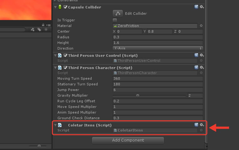 Inspector do ThirdPersonController com o componente Coletar Itens (Script) no fim da lista, depois do Third Person Character. Uma seta vermelha aponta para Coletar Itens