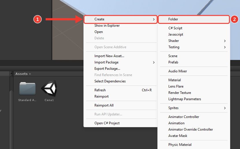 Menu que abre ao clicar com o botão direito na área do painel Project, com a opção Create e o submenu ao lado, que lista Folder, C# Script, Javascript, Shader, Testing, Scene, Prefab, Audio Mixer, Material e outras. Marcações vermelhas numeradas destacam Create (1) e Folder (2)