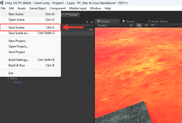 Menu File da Unity aberto, com a opção Save Scenes e o atalho Ctrl+S. Uma seta vermelha aponta para Save Scenes