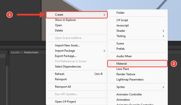 Menu do botão direito dentro da pasta Assets, Materiais, com Create e o submenu ao lado. Marcações vermelhas numeradas destacam Create (1) e Material (2)