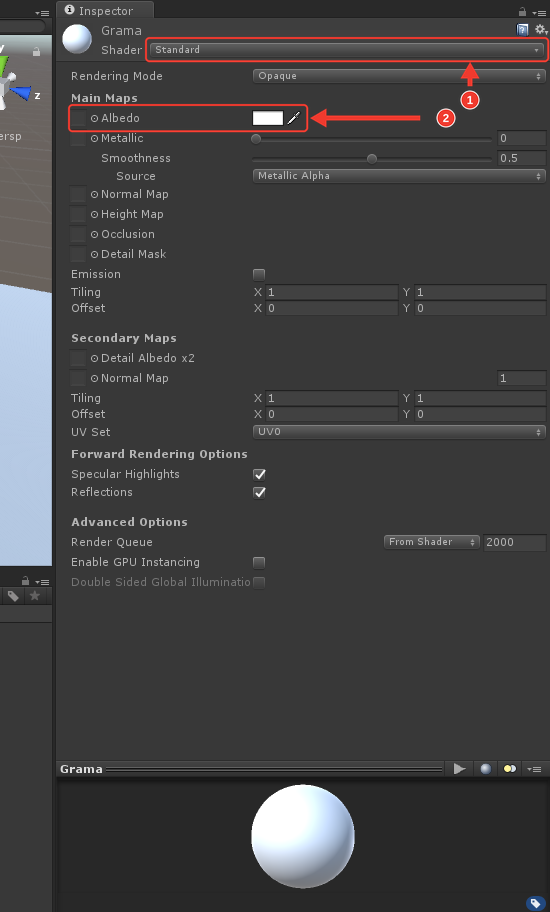 Inspector do material Grama, com o Shader Standard, o Rendering Mode Opaque e a seção Main Maps. Marcações vermelhas numeradas destacam o Shader Standard (1) e o campo Albedo com o quadrado branco (2)