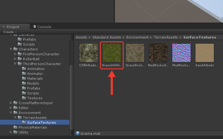 Pasta SurfaceTextures com as seis texturas. Uma marcação vermelha com seta destaca a GrassHillAlbedo, de cor verde