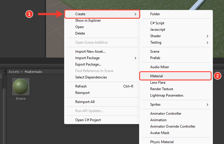 Menu do botão direito na pasta Materiais, com Create e o submenu ao lado. Marcações vermelhas numeradas destacam Create (1) e Material (2)