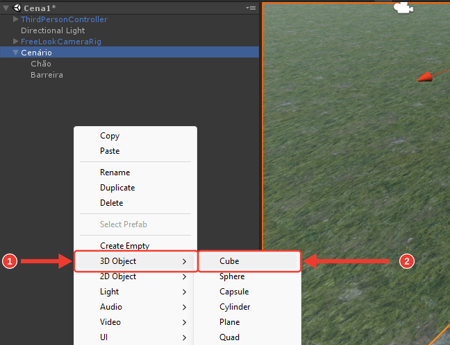 Menu do botão direito na Hierarchy com a opção 3D Object e o submenu ao lado, com Cube, Sphere, Capsule, Cylinder, Plane e Quad. Marcações vermelhas numeradas destacam 3D Object (1) e Cube (2)