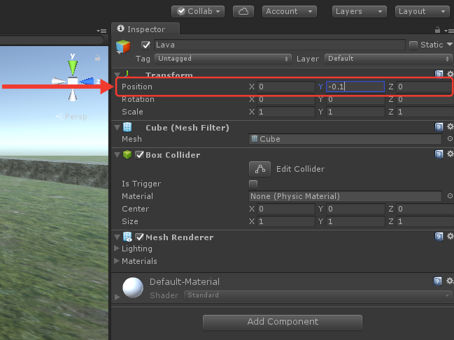 Inspector da Lava, com o Transform mostrando Position X 0, Y -0.1 e Z 0, Rotation 0 e Scale 1. Uma marcação vermelha com seta destaca a linha Position