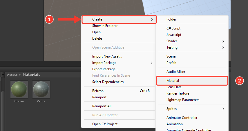 Menu do botão direito na pasta Materiais, com Create e o submenu ao lado. Marcações vermelhas numeradas destacam Create (1) e Material (2)