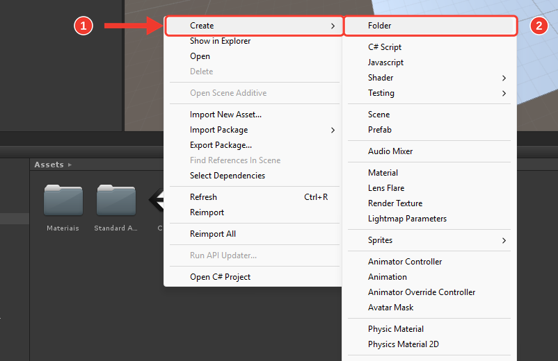 Menu do botão direito na pasta Assets, com Create e o submenu ao lado. Marcações vermelhas numeradas destacam Create (1) e Folder (2)