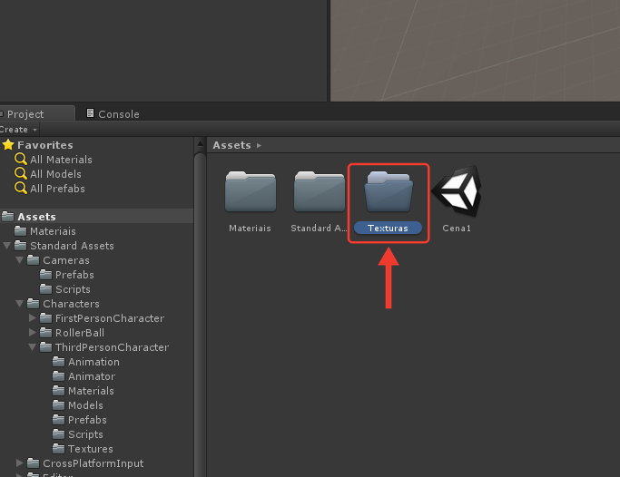 Painel Project na pasta Assets com as pastas Materiais, Standard Assets e Texturas, esta selecionada, e a Cena1. Uma marcação vermelha com seta destaca a pasta Texturas