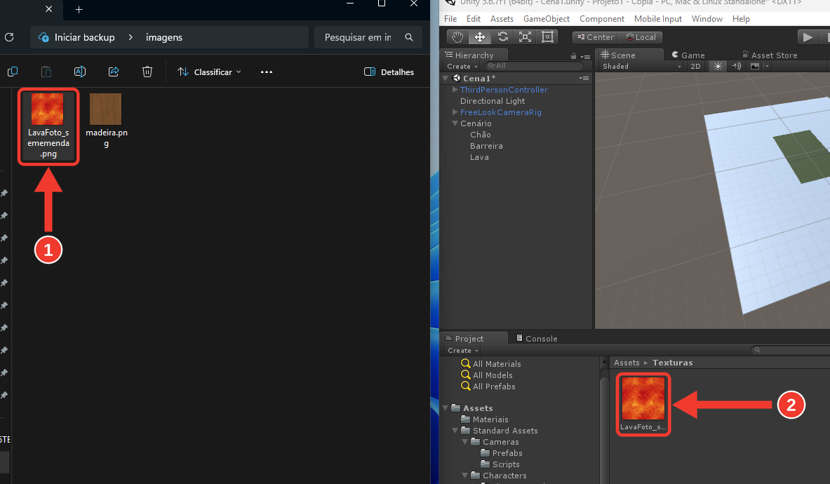 Janela do Explorador de Arquivos do Windows ao lado do Unity. Marcações vermelhas numeradas destacam a imagem da lava no Explorador (1) e a miniatura dela dentro da pasta Texturas do Unity (2)
