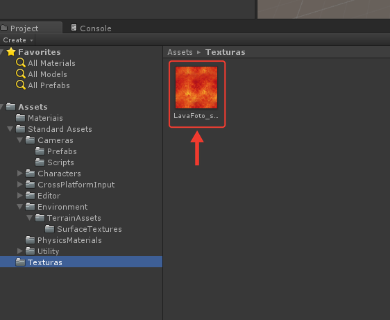 Painel Project na pasta Texturas, com a imagem da lava, de cor vermelha e laranja. Uma marcação vermelha com seta destaca a imagem