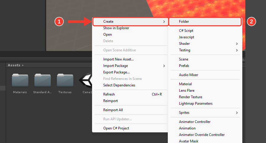 Menu do botão direito na pasta Assets, com Create e o submenu ao lado. Marcações vermelhas numeradas destacam Create (1) e Folder (2)