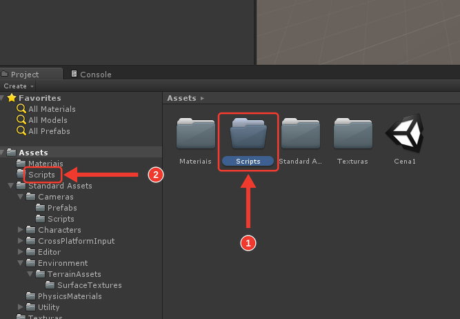 Painel Project na pasta Assets com as pastas Materiais, Scripts, selecionada, Standard Assets e Texturas, e a Cena1. Marcações vermelhas numeradas destacam a pasta Scripts na área grande (1) e na lista da esquerda (2)