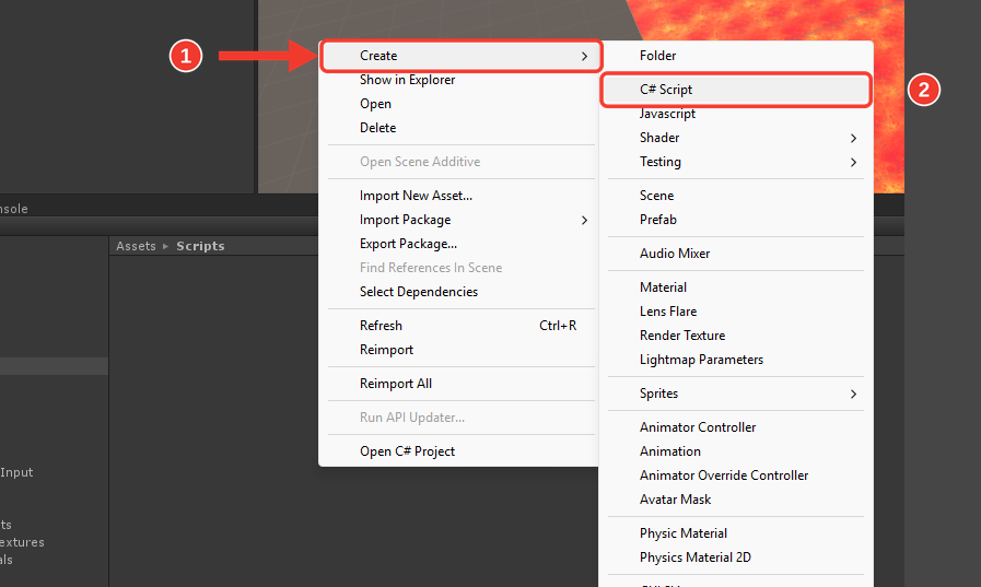 Menu do botão direito na pasta Scripts, com Create e o submenu ao lado. Marcações vermelhas numeradas destacam Create (1) e C# Script (2)