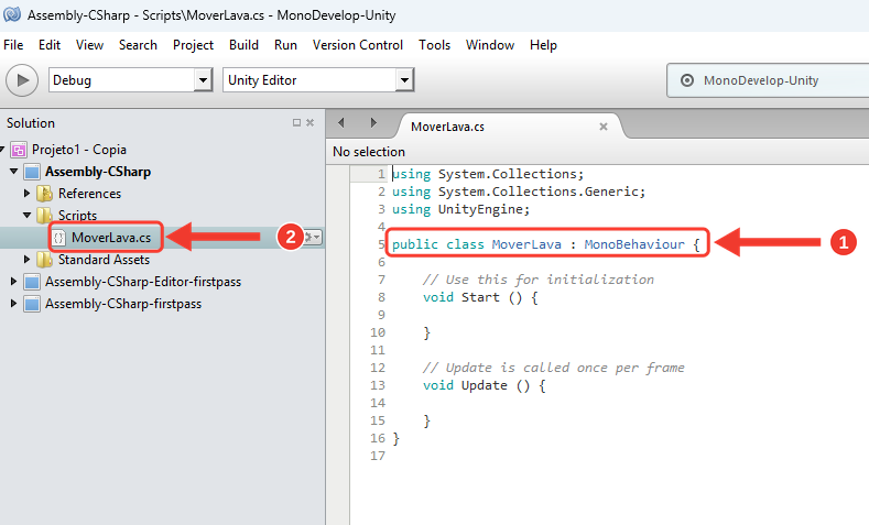 Janela do MonoDevelop com o arquivo MoverLava.cs aberto, mostrando o código inicial com os métodos Start e Update vazios. Marcações vermelhas numeradas destacam a linha com o nome da classe MoverLava (1) e o arquivo MoverLava.cs na lista da esquerda (2)