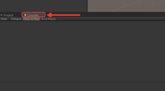 Aba Console da Unity vazia, sem mensagens de erro. Uma seta vermelha aponta para a aba Console