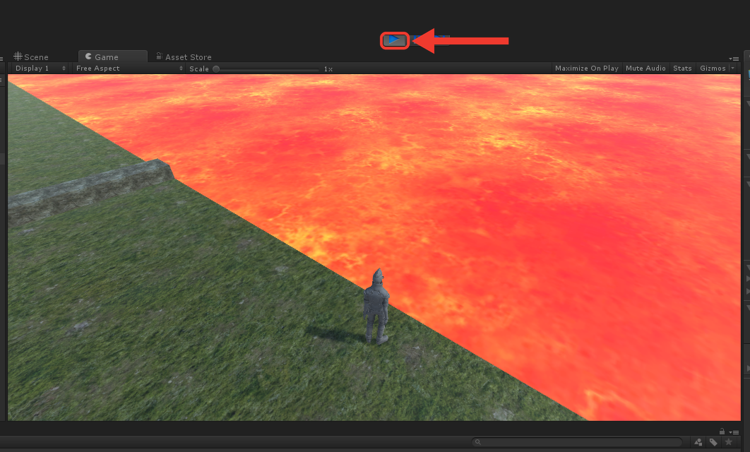 Unity em modo Play, com a aba Game mostrando o personagem na grama ao lado da lava brilhante. Uma seta vermelha aponta para o botão Play