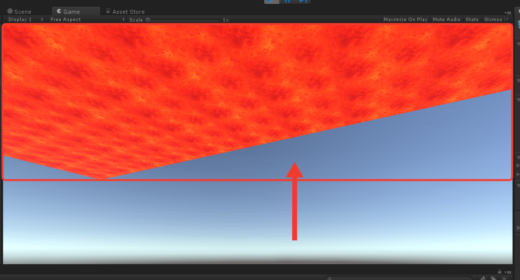 Aba Game em modo Play mostrando a lava vista de baixo, como um teto, e o céu azul embaixo. Uma seta vermelha aponta para a lava