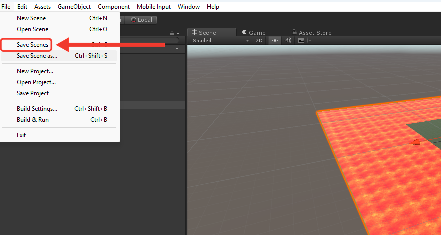Menu File da Unity aberto, com a opção Save Scenes e o atalho Ctrl+S. Uma seta vermelha aponta para Save Scenes