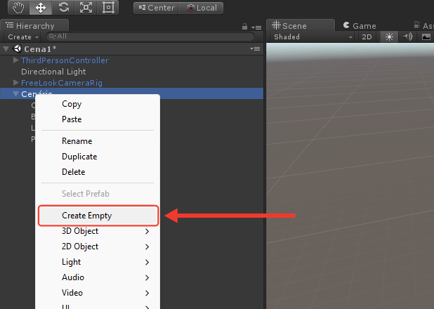 Menu aberto ao clicar com o botão direito em Cenário, com as opções Copy, Paste, Rename, Duplicate, Delete, Create Empty e outras. Uma seta vermelha aponta para Create Empty