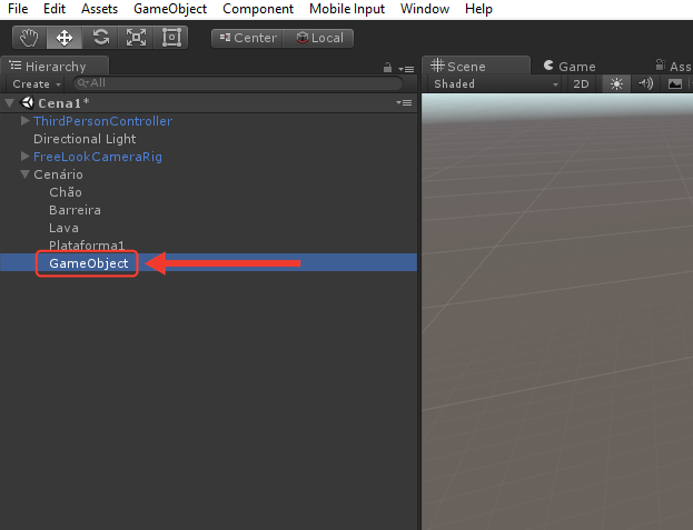 Hierarquia com um GameObject novo selecionado no fim da lista de Cenário, depois de Plataforma1. Uma seta vermelha aponta para o GameObject