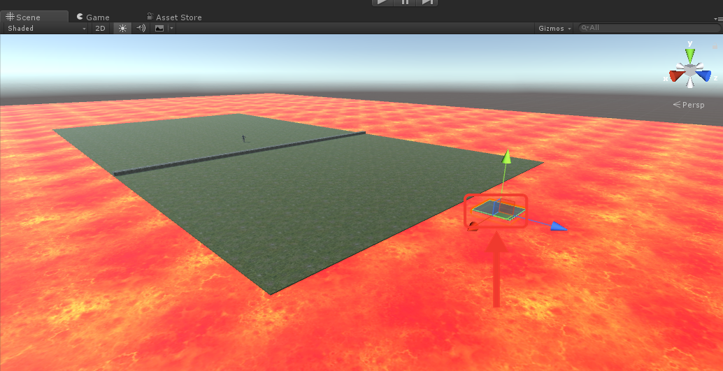 Visão da Scene com o chão verde cercado de lava e uma pequena plataforma selecionada na lava, depois do fim do chão. Uma seta vermelha aponta para a plataforma