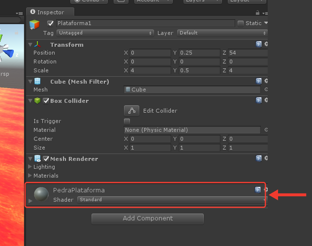 Inspector da Plataforma1 com o material PedraPlataforma e o shader Standard no fim da lista de componentes. Uma seta vermelha aponta para o material