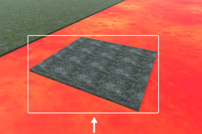 Plataforma quadrada de pedra sobre a lava, com a textura repetida em quadradinhos. Uma moldura e uma seta brancas destacam a plataforma